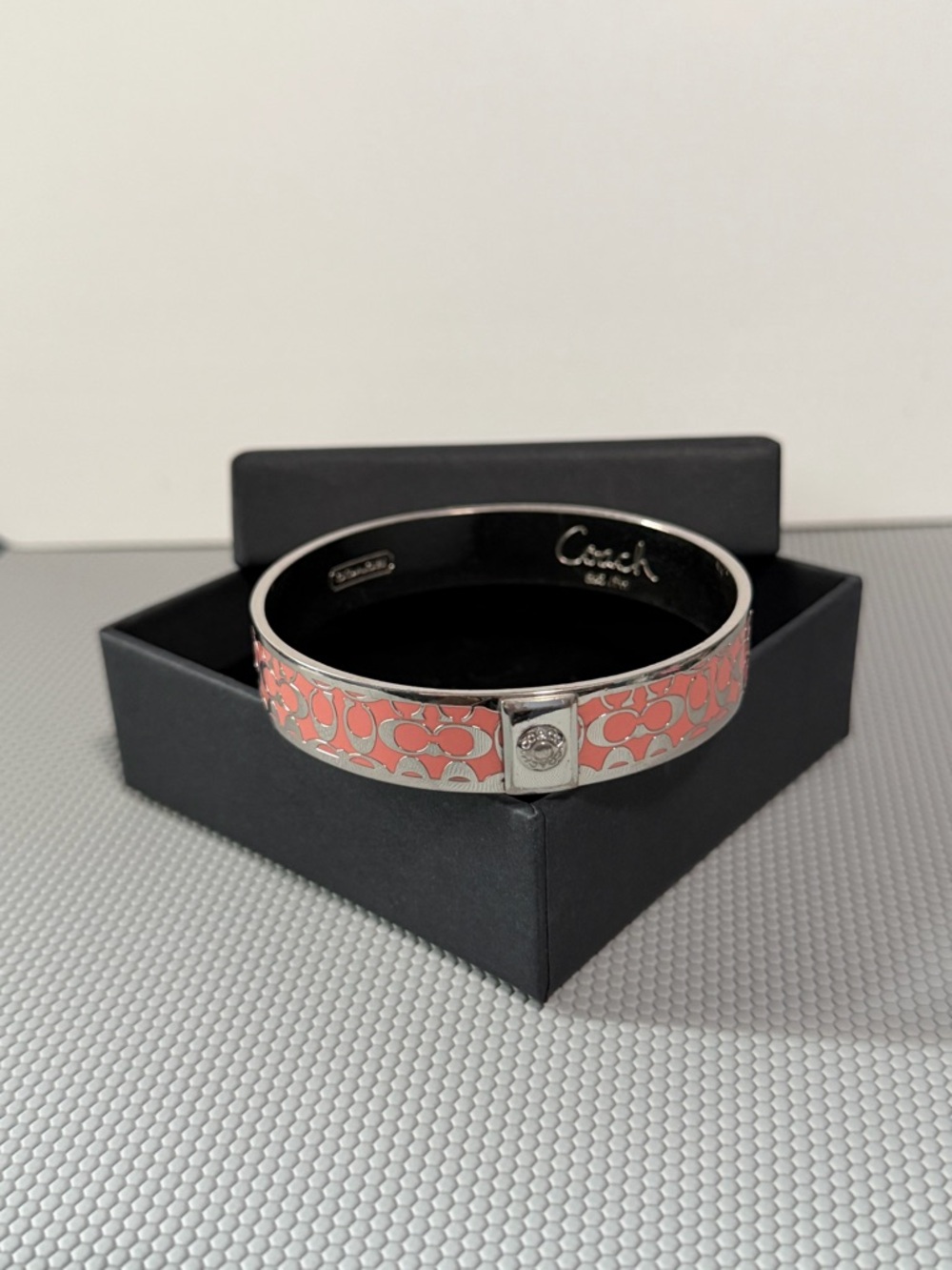Coach Coral Enamel Signature Cuff Bracelet with Silver-Tone Hardware